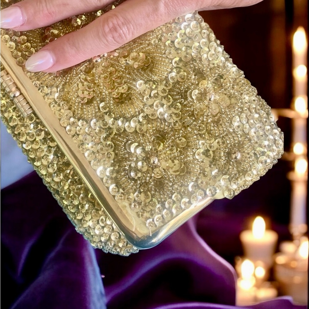Vintage Gold Satin Sequin & Beaded Folded Clutch Bag - Picture 6 of 15